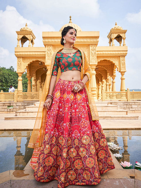 Red Color Printed Vaishali Silk Lehenga Choli Set Clothsvilla Main image