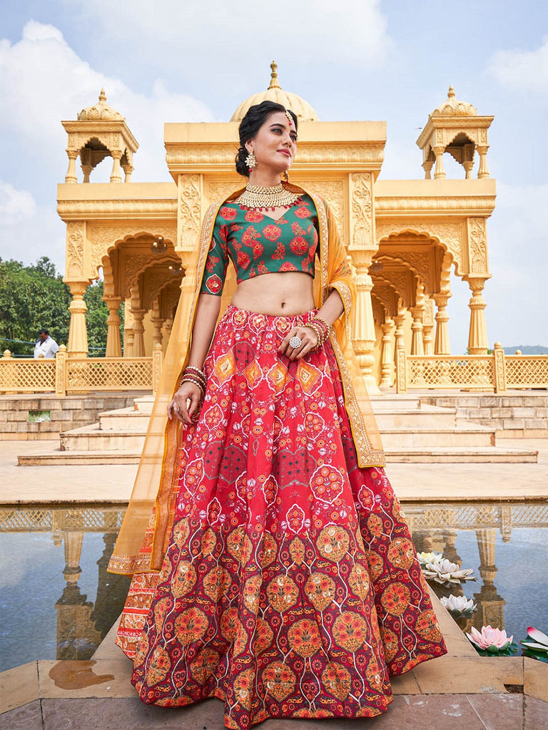 Red Color Printed Vaishali Silk Lehenga Choli Set Clothsvilla