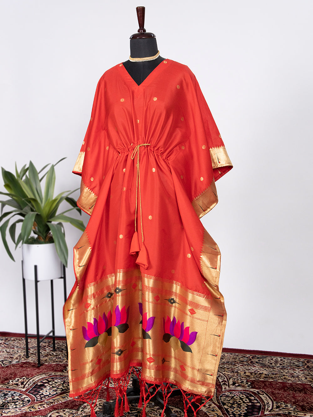 Red Color Weaving Zari Work Jacquard Paithani Kaftan Dress Secondary image