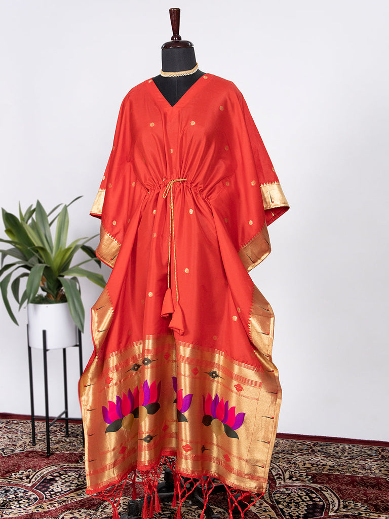 Red Color Weaving Zari Work Jacquard Paithani Kaftan Dress Clothsvilla
