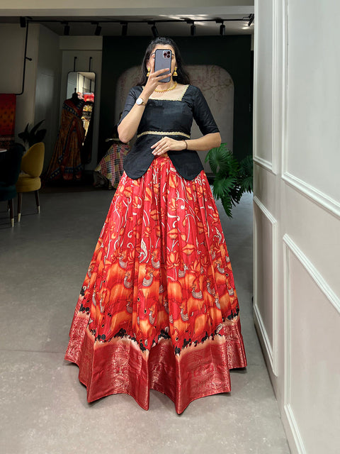 Red Color Digital Print And Zari Weaving Work Dola Silk Lehenga Choli Clothsvilla Main image