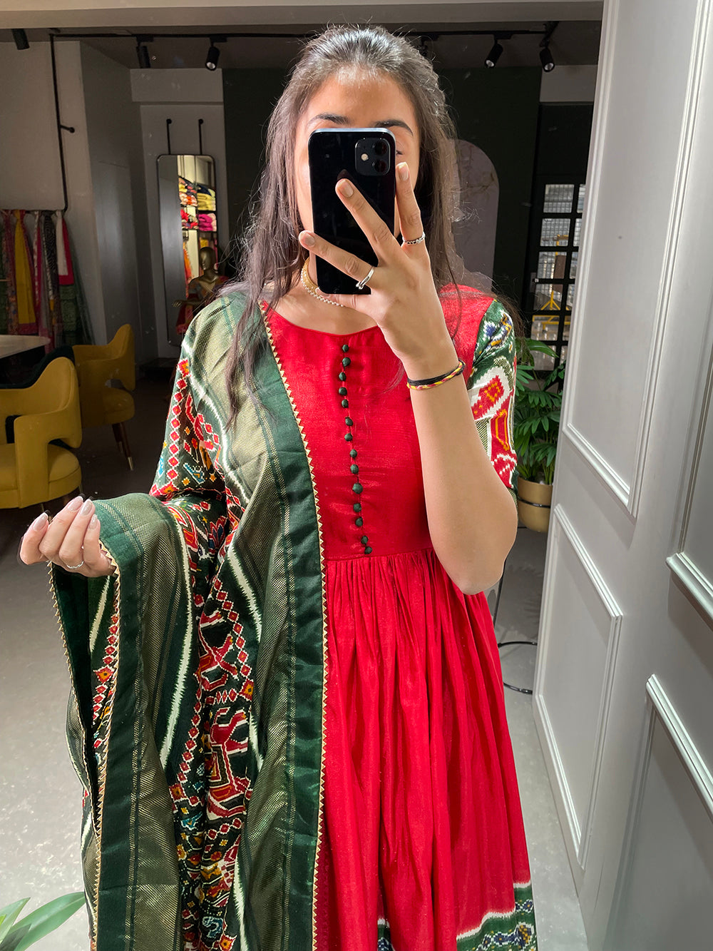 Red Color Patola And Foil Printed Dola Silk Gown Clothsvilla
