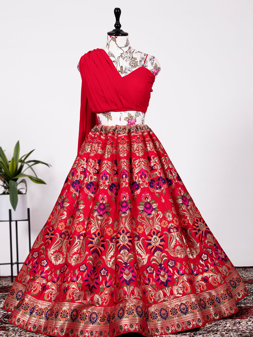 Red Color Weaving Zari Work Banarasi Silk Co-ord Set Lehenga With Georgette Choli Clothsvilla