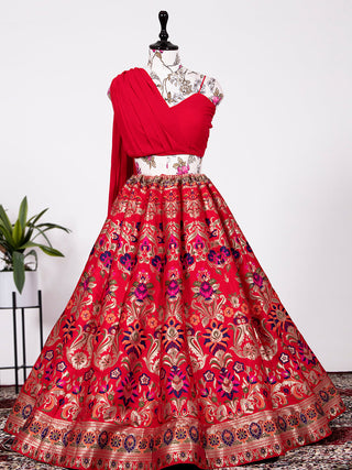 Red Color Weaving Zari Work Banarasi Silk Co-ord Set Lehenga With Georgette Choli Clothsvilla