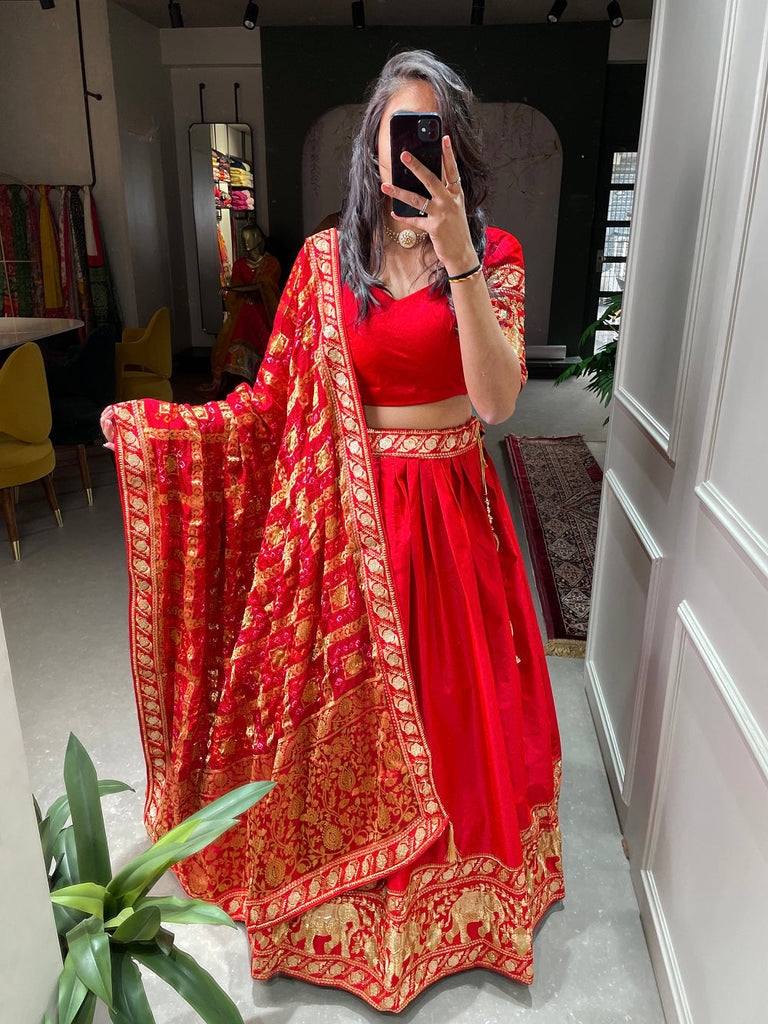 Red Color Sequins And Thread Embroidery Work Malai Satin Bridal Lehenga Choli Set Clothsvilla