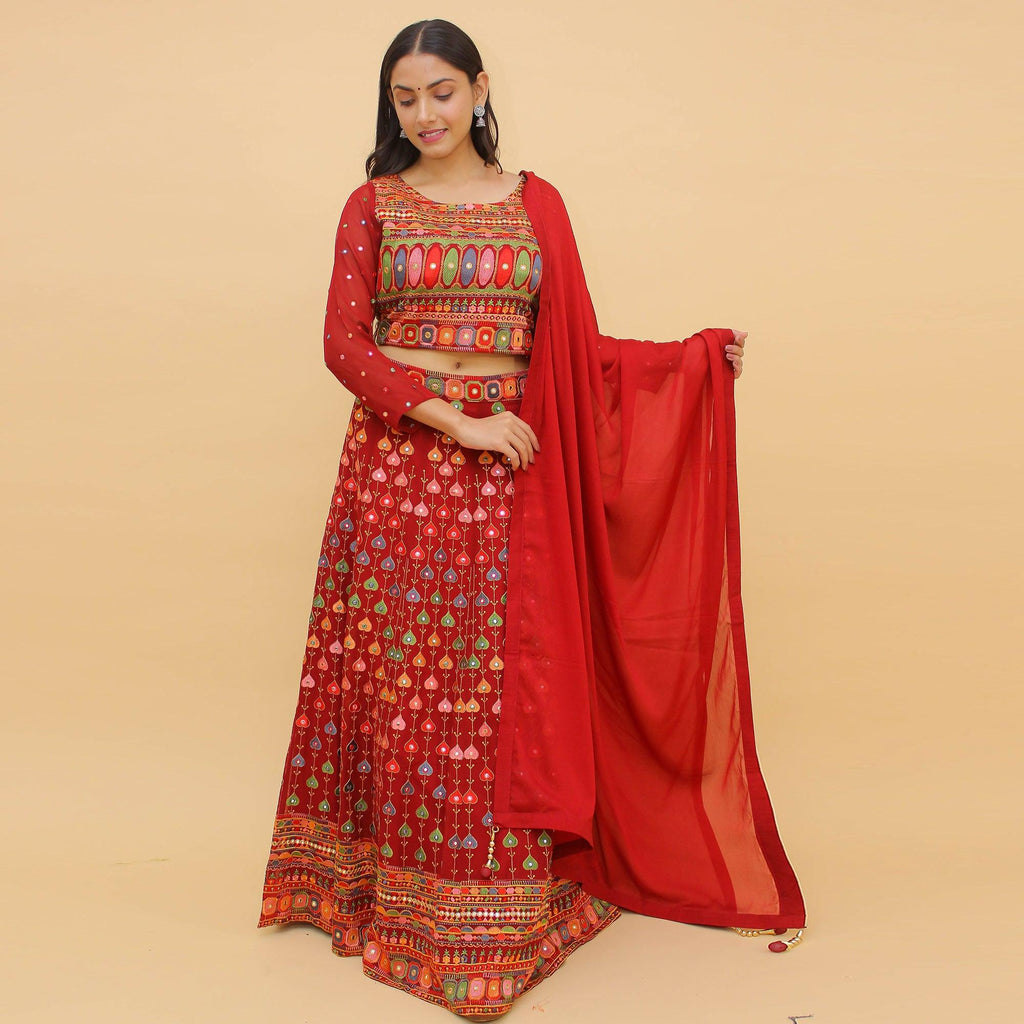 Red Embroidered With Embellished Georgette Lehenga Choli Clothsvilla