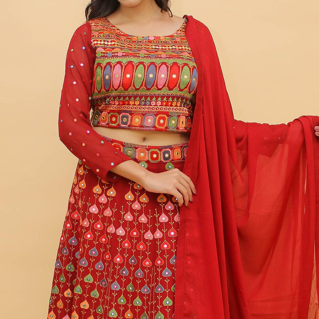 Reddish Festive Wear Satin Digital Striped Lehenga Choli