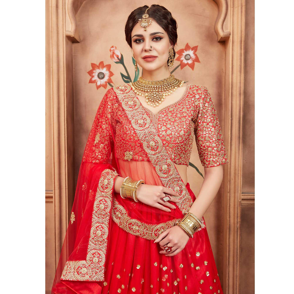 Red Festive Wear Sequins Dori Work Soft Net Lehenga Choli Clothsvilla