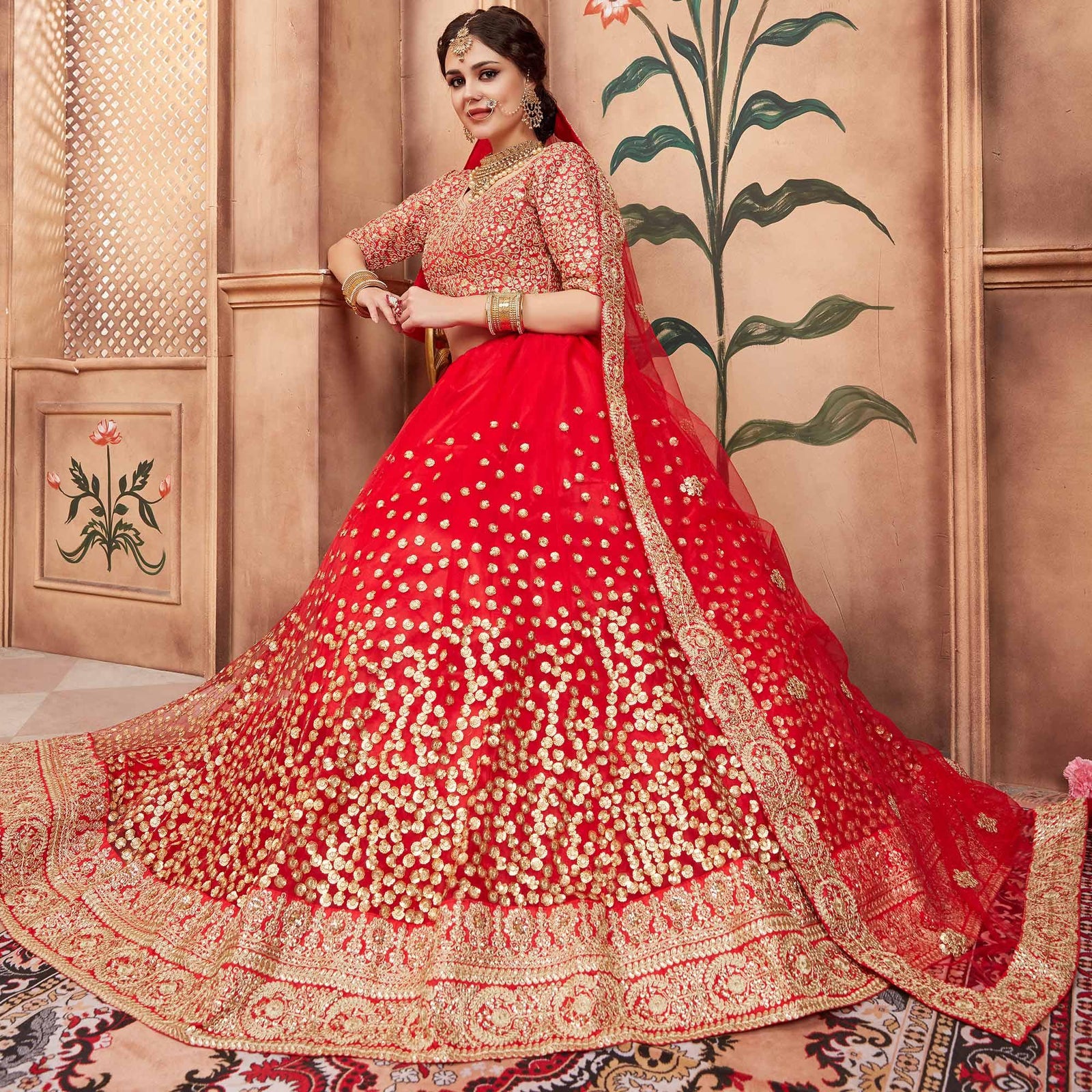 Red Festive Wear Sequins Dori Work Soft Net Lehenga Choli Clothsvilla