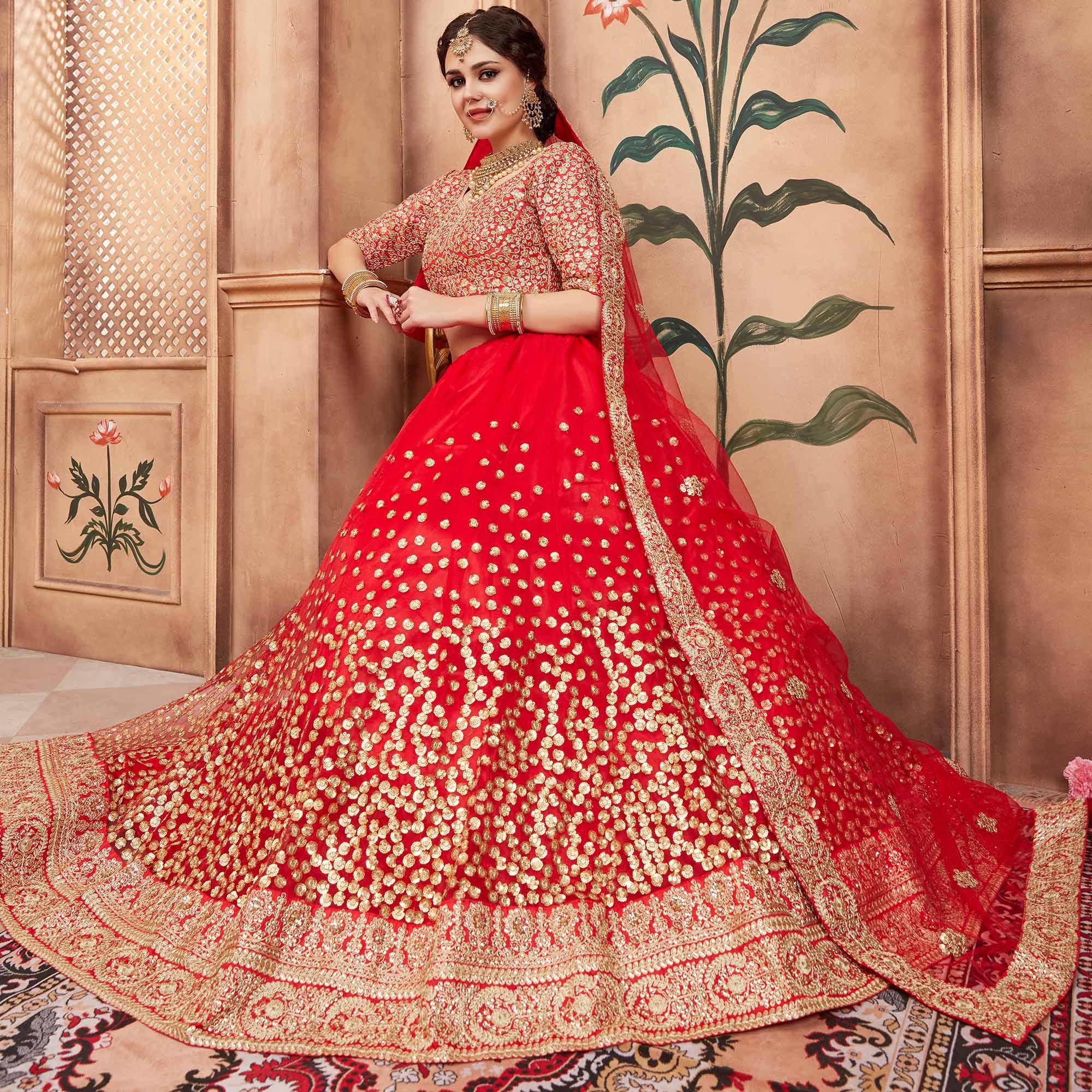 Red Festive Wear Sequins Dori Work Soft Net Lehenga Choli Clothsvilla