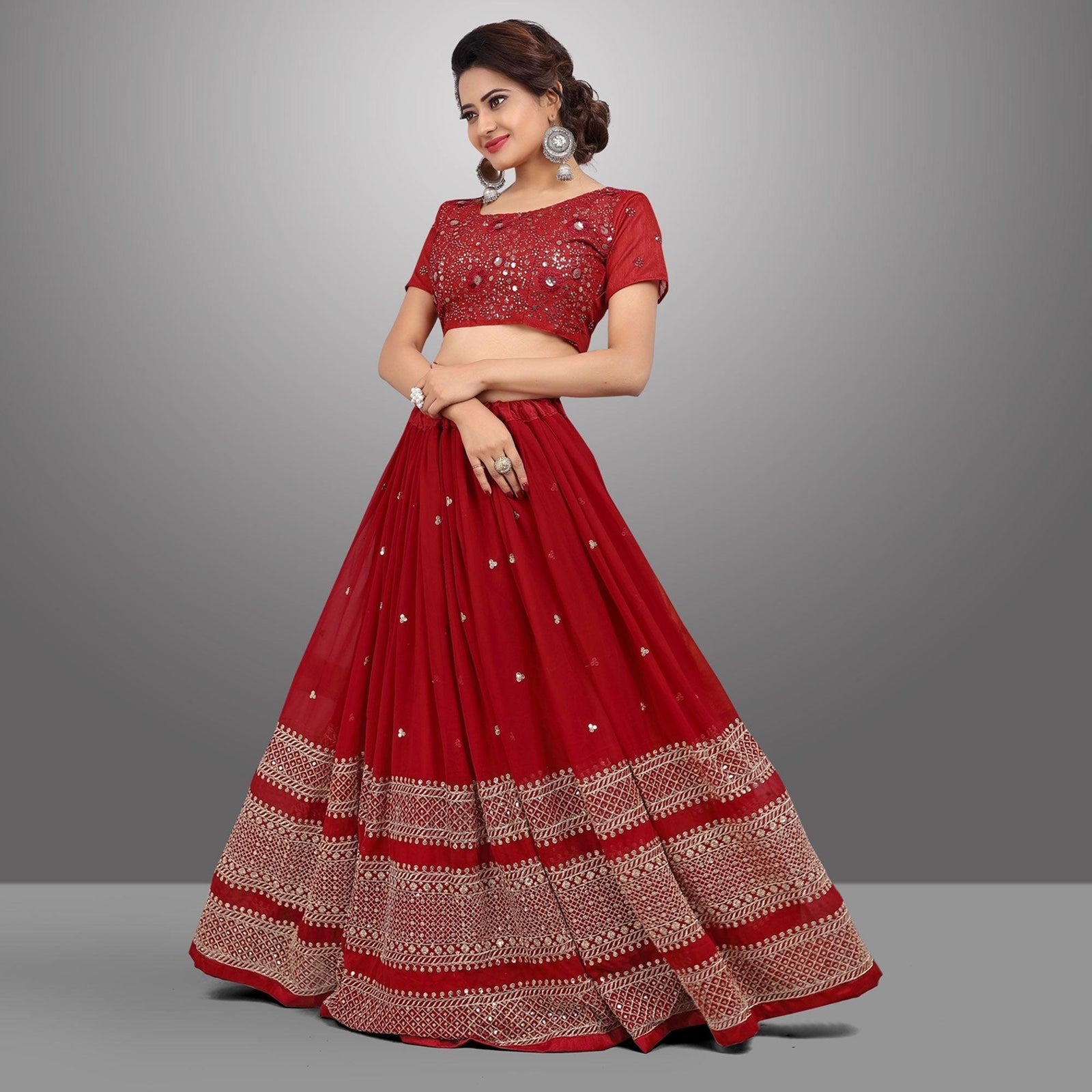 Red Party Wear Sequins Embroidered Georgette Lehenga Choli Clothsvilla