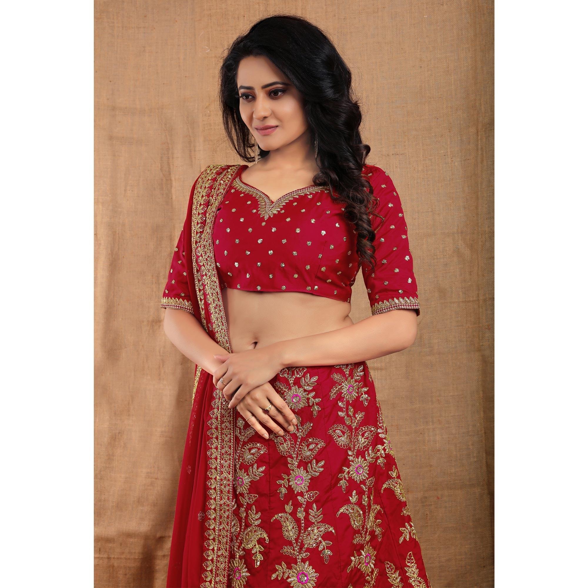 red party wear sequence embroidered tapetta lehenga choli peachmode