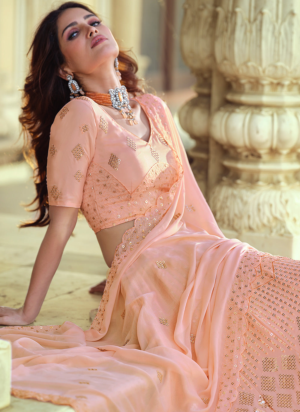 Sangeet Lehenga Choli Thread Faux Georgette In Pink Clothsvilla