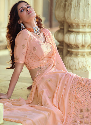 Sangeet Lehenga Choli Thread Faux Georgette In Pink Clothsvilla