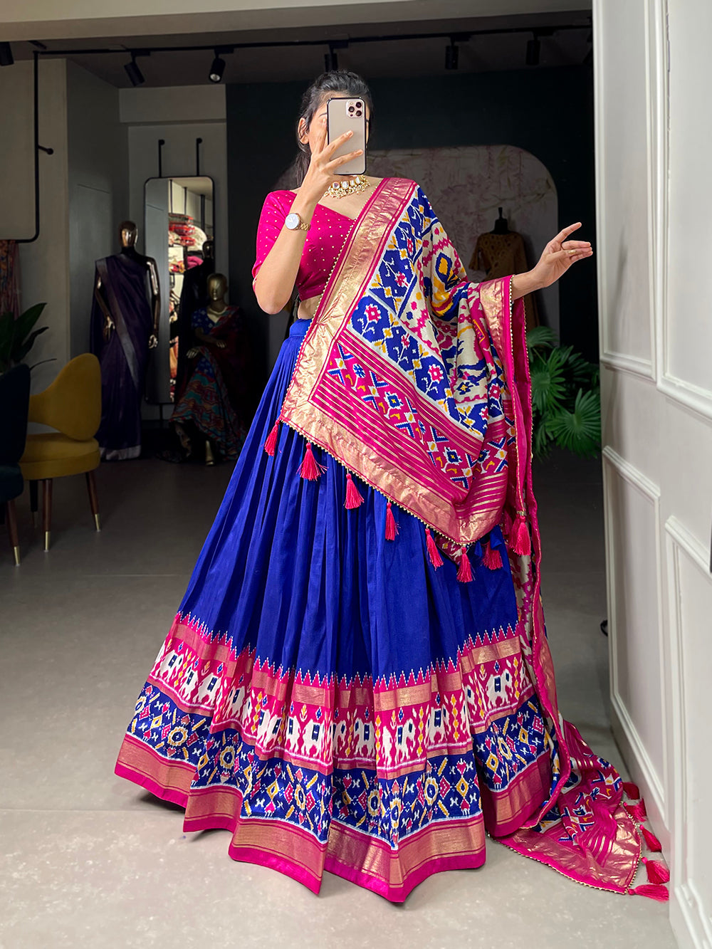 Royal Blue Color Ikkat Patola Print With Foil Work Tussar Silk Lehenga Choli ClothsVilla