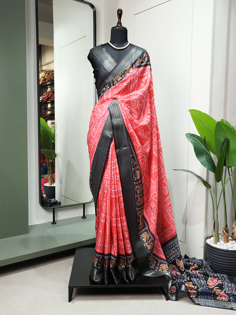 Salmon Color Printed With Zari Border Dola Silk Festive Wear Saree Clothsvilla