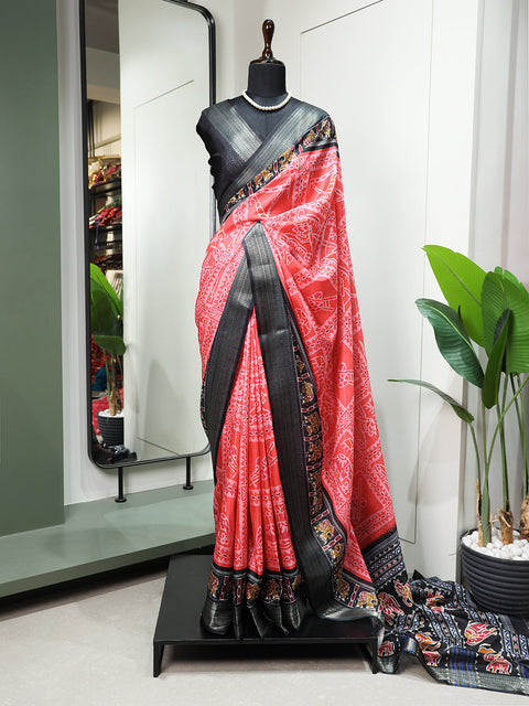 Salmon Color Printed With Zari Border Dola Silk Festive Wear Saree Clothsvilla Main image