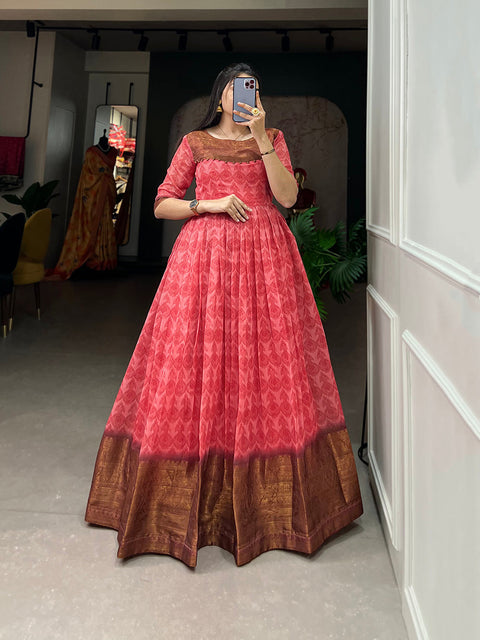 Salmon Color Print With Zari Patta  Soft Cotton Dress Clothsvilla Main image