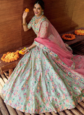 Green Engagement Lehenga Choli Clothsvilla