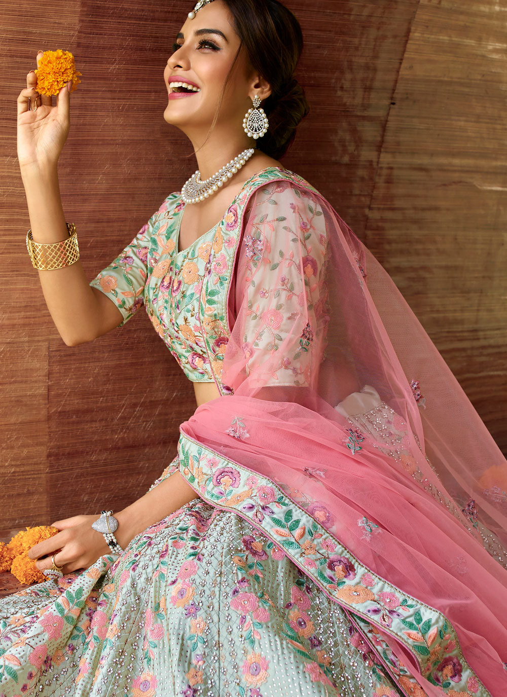 Green Engagement Lehenga Choli Clothsvilla