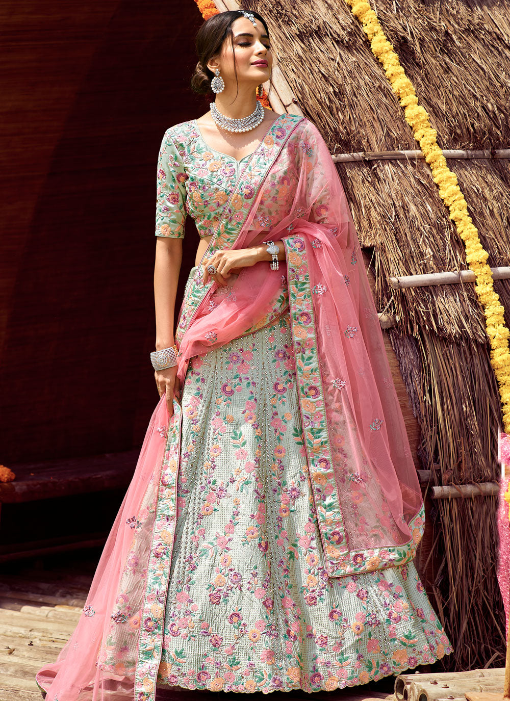 Green Engagement Lehenga Choli Clothsvilla