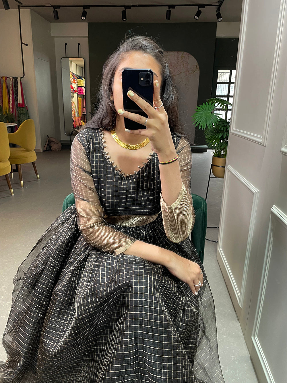 Black Color Zari Weaving Work Organza Chex Gown Clothsvilla