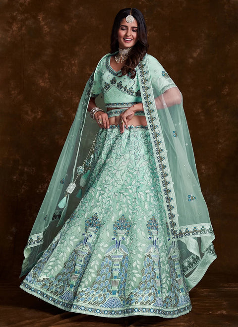 Sea Green Net Lehenga Set with Thread, Zari, Dori & Zarkan Work Clothsvilla Main image