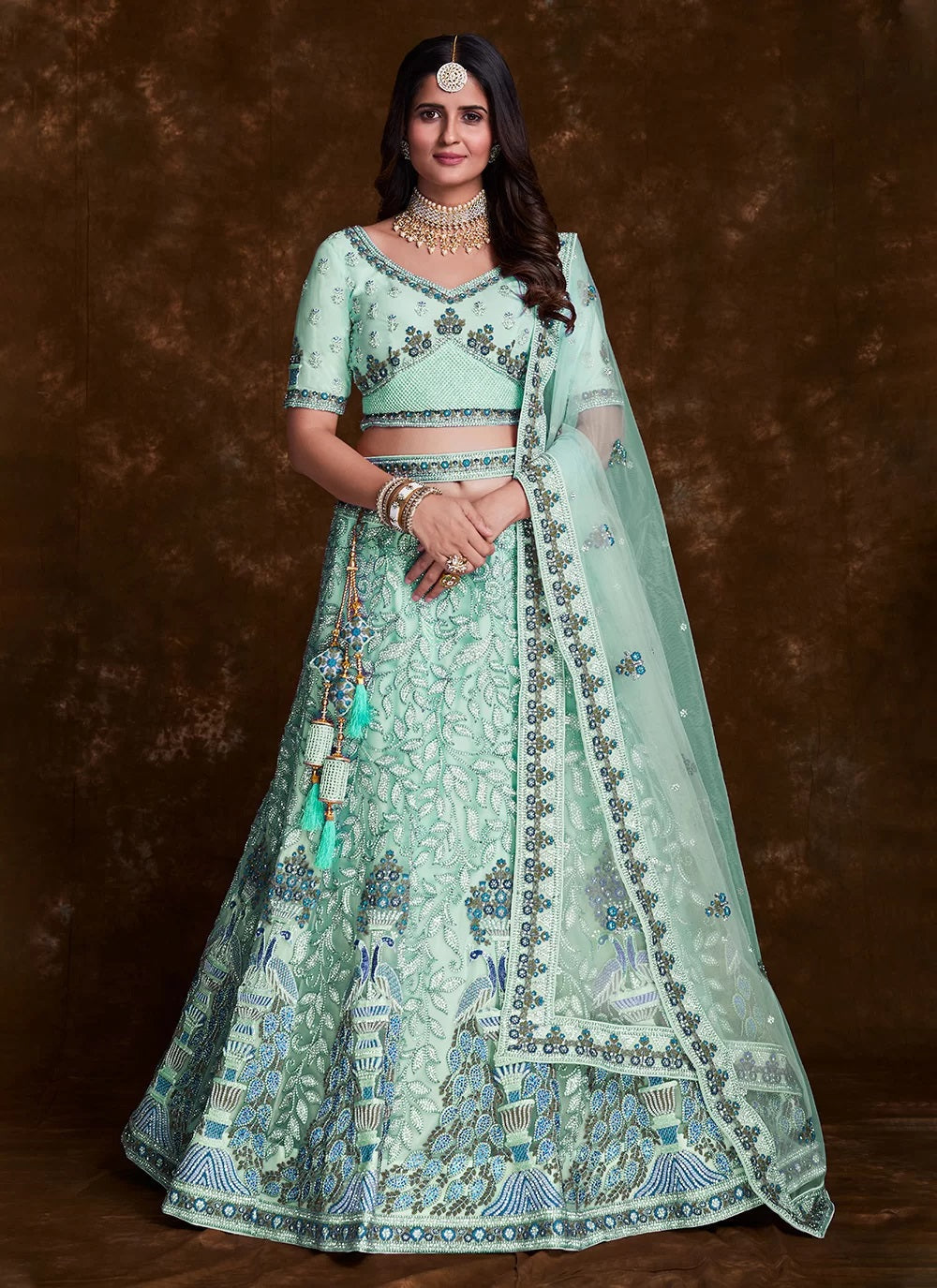Sea Green Net Lehenga Set with Thread, Zari, Dori & Zarkan Work Clothsvilla