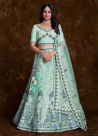 Sea Green Net Lehenga Set with Thread, Zari, Dori & Zarkan Work Clothsvilla