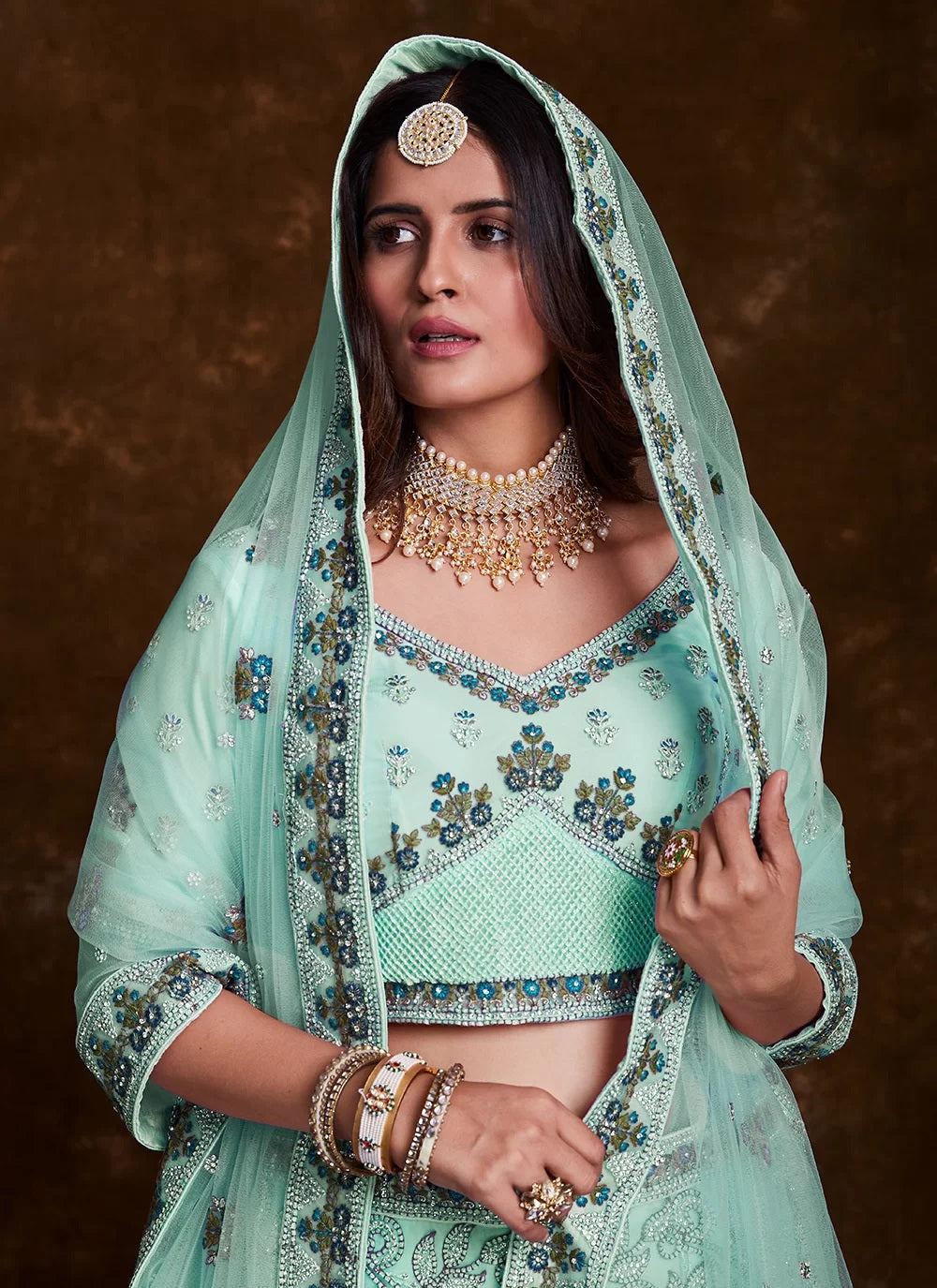 Sea Green Net Lehenga Set with Thread, Zari, Dori & Zarkan Work Clothsvilla