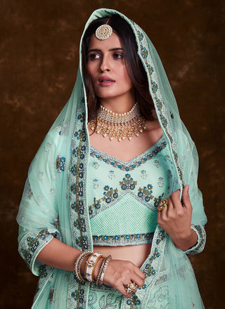 Sea Green Net Lehenga Set with Thread, Zari, Dori & Zarkan Work Clothsvilla