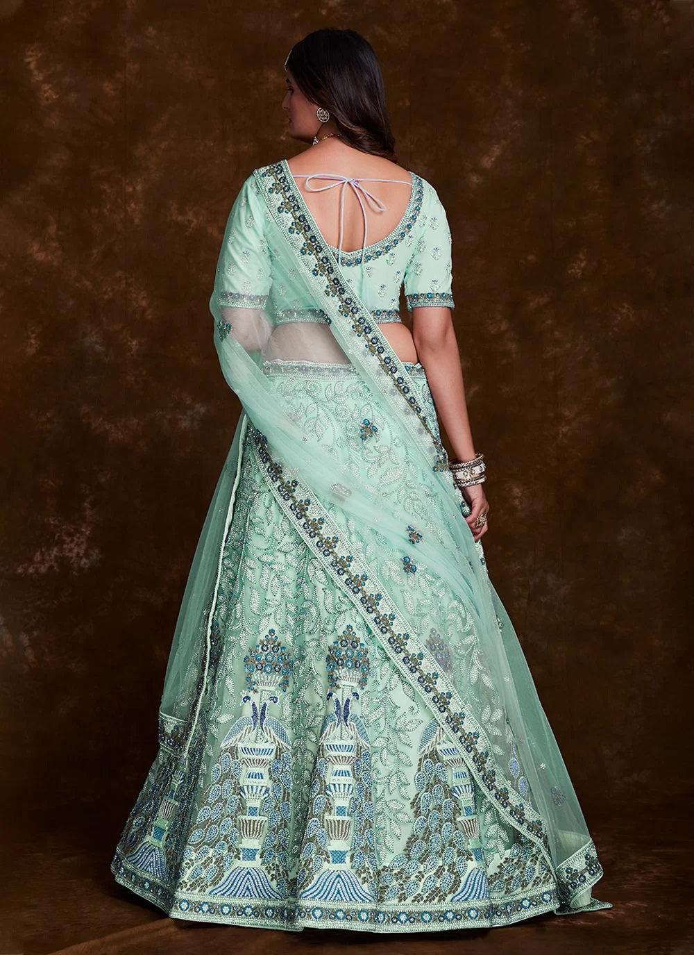 Sea Green Net Lehenga Set with Thread, Zari, Dori & Zarkan Work Clothsvilla