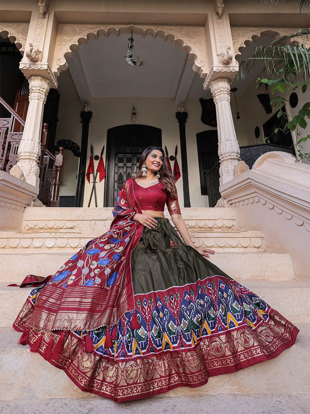 Mehndi Color Printed With Foil Work Dola Silk Lehenga Choli ClothsVilla.com