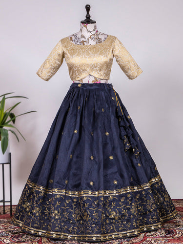 Navy Blue Color Sequins and Thread Embroidery Work Heavy Banglory Lehenga Choli With Dupatta Clothsvilla