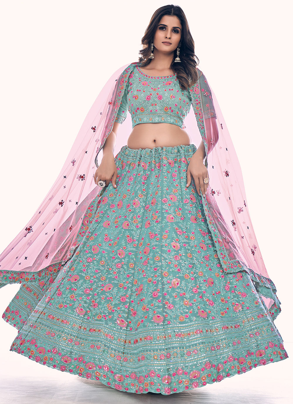 Turquoise Long Choli Lehenga Clothsvilla