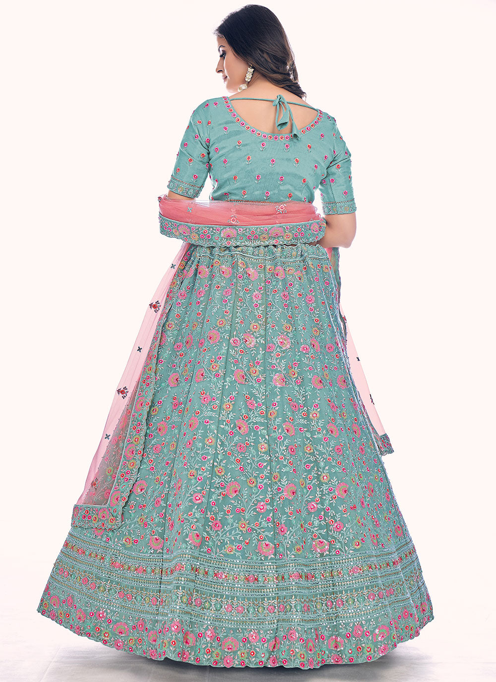 Turquoise Long Choli Lehenga Clothsvilla