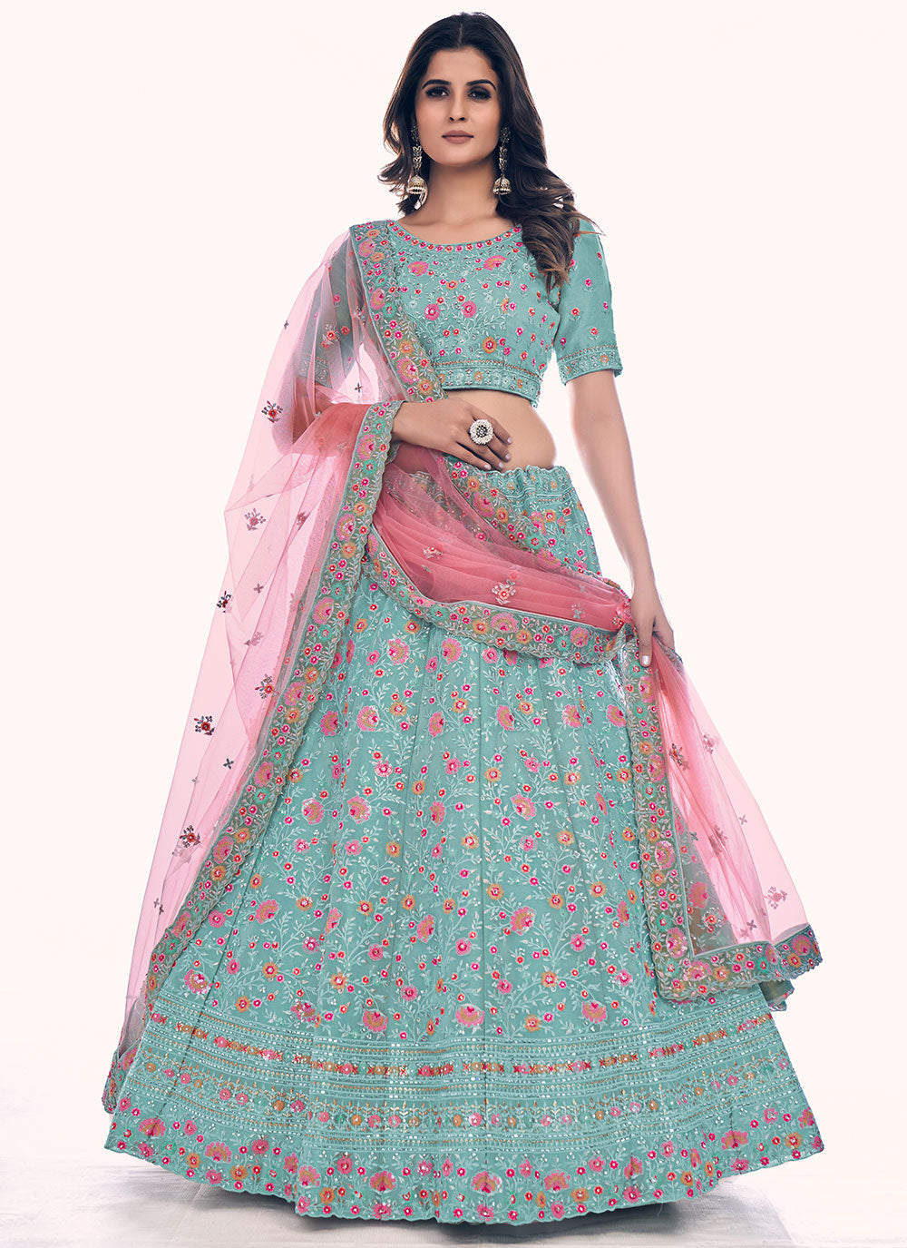 Turquoise Long Choli Lehenga Clothsvilla