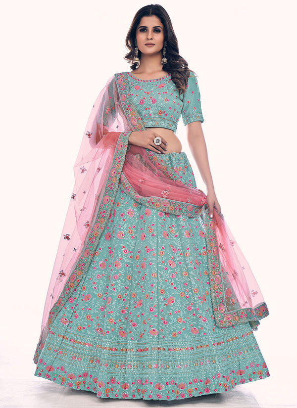 Turquoise Long Choli Lehenga Clothsvilla