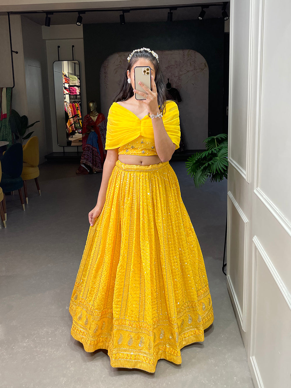 Yellow Color Sequins and Embroidery Thread Work Georgette Co-Ord Set Lehenga Choli ClothsVilla.com