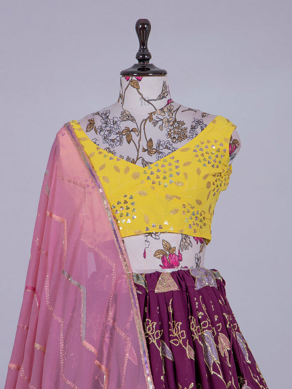 Wine Color Thread And Sequins Embroidery Work Georgette Lehenga Choli Clothsvilla