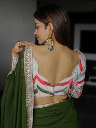 Mehendi Color Sequins & Thread Embroidery Lace Border Georgette Saree Clothsvilla