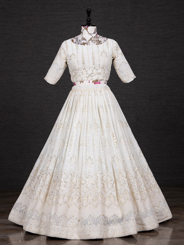 White Color Sequins And Thread Embroidery Work Georgette Lehenga Choli Clothsvilla