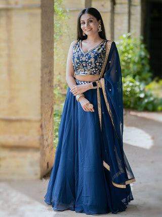 Navy Blue Georgette Sequins And Thread Embroidery Work Lehenga Choli Clothsvilla