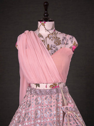 Pink Color Sequins And Thread Embroidery Work Georgette  Ready To Wear Lehenga Choli Set Clothsvilla
