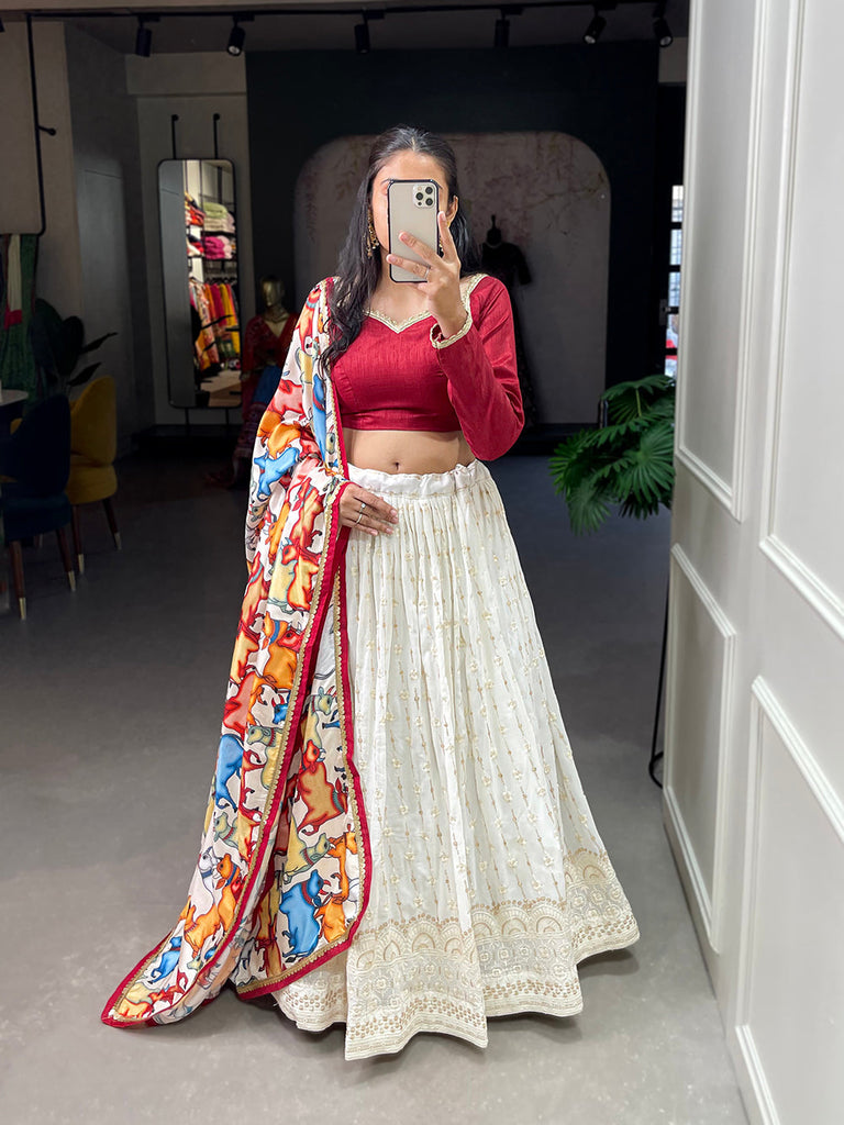 White Color Sequins And Thread Embroidery Work Georgette Lehenga Choli ClothsVilla.com