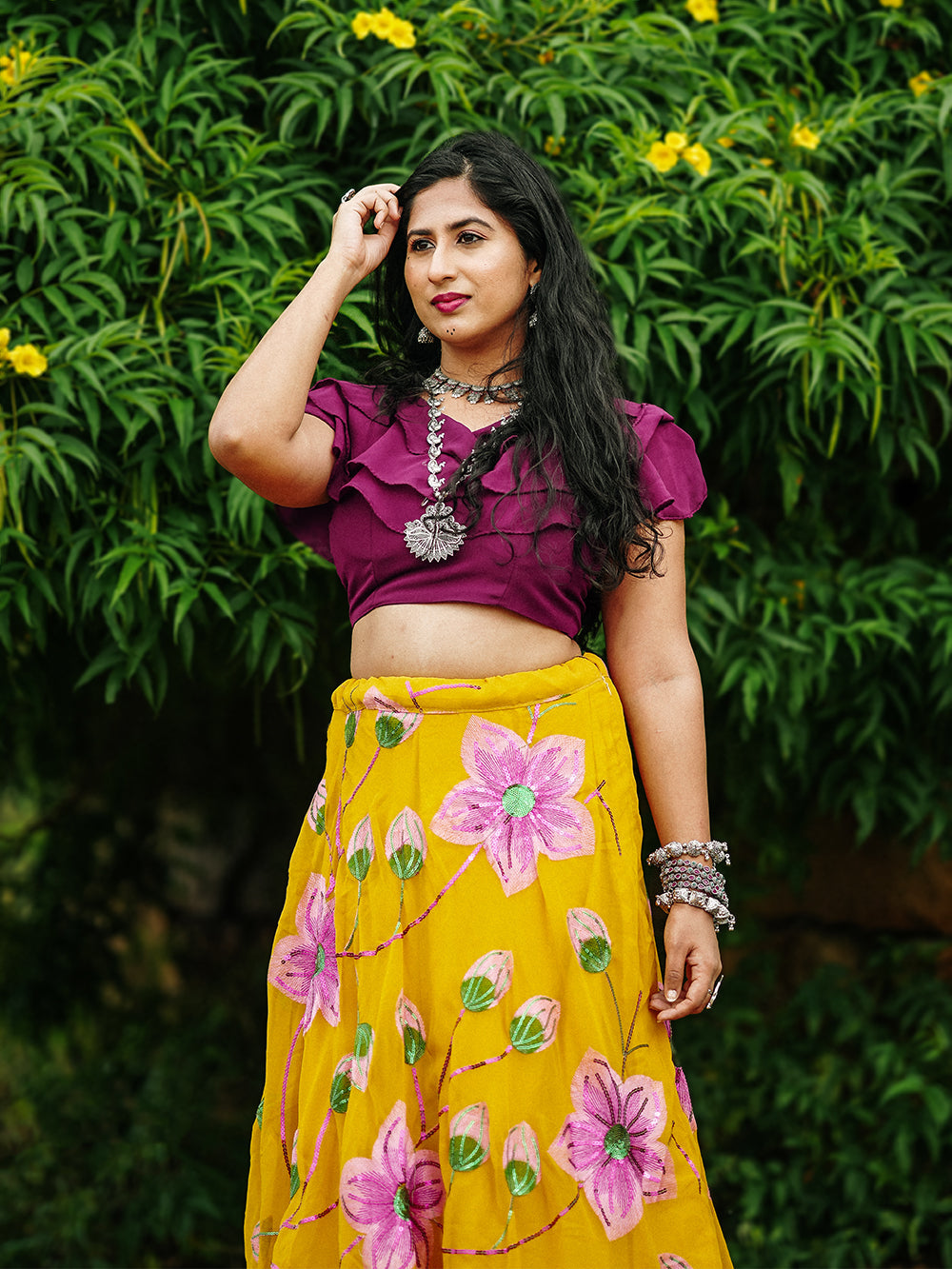 Yellow Color Sequins And Thread Embroidery Work Georgette Two Piece Lehenga Set Clothsvilla