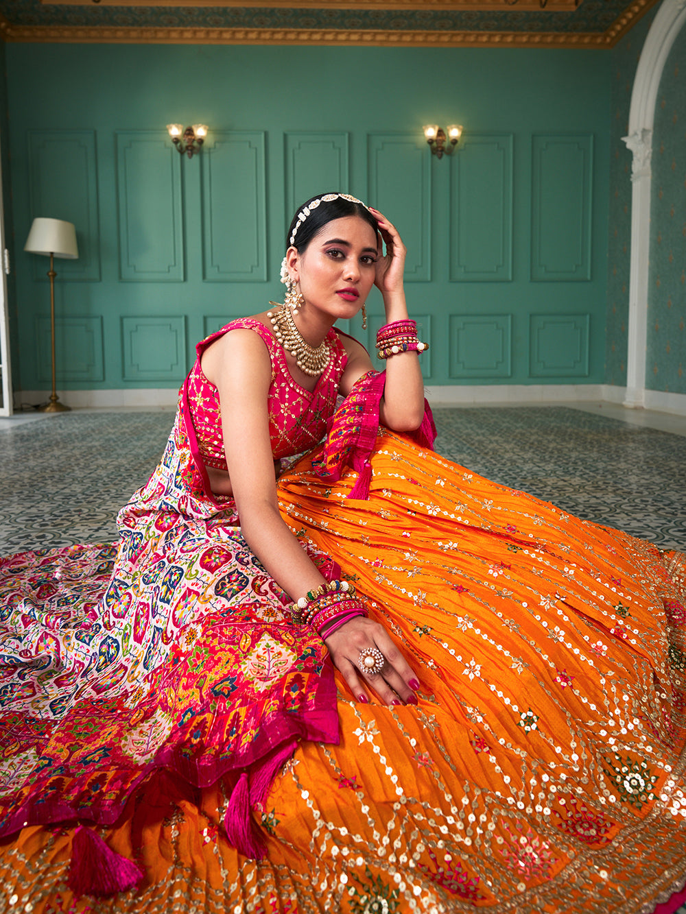 Yellow Color Sequin And Thread Embroidery Work Crushed Chinon Lehenga Choli Clothsvilla