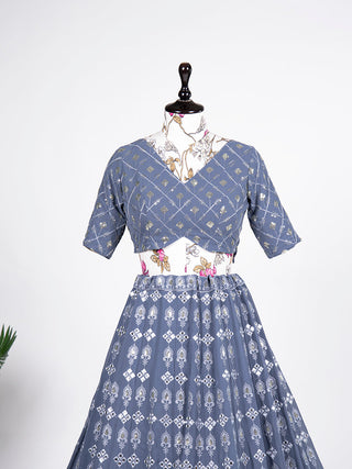 Grey Color Lucknowi Sequins And Paper Mirror Work Georgette Lehenga Choli ClothsVilla.com