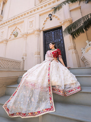 Off White Color Thread Embroidery Work With Lace Border Organza Lehenga Choli ClothsVilla.com