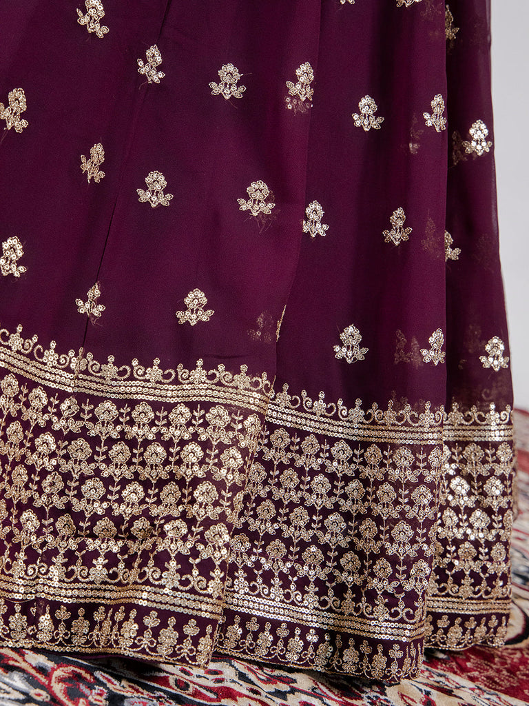 Wine Color Sequins & Embroidery Thread Work Georgette Lehenga Choli Clothsvilla